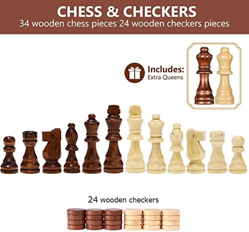 Комплекти за шах - 15-Инчов Дървена Настолна игра с магнитни шах и пулове с 2 допълнителни фигури на Кралицата - шах за възрастни