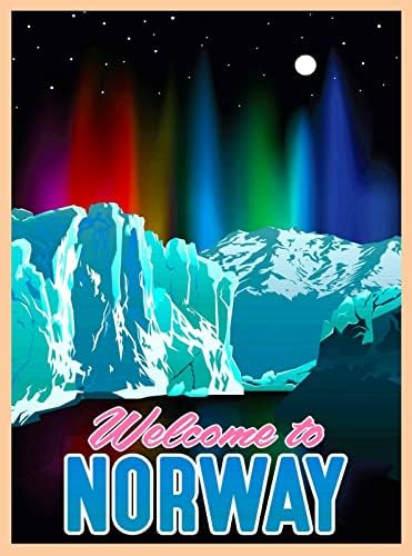 Muroanmi 5D Диамантена Живопис Комплект за Бродиране Добре дошли в Норвегия, Скандинавия Ретро Пътуване Северно Сияние Арт Деко