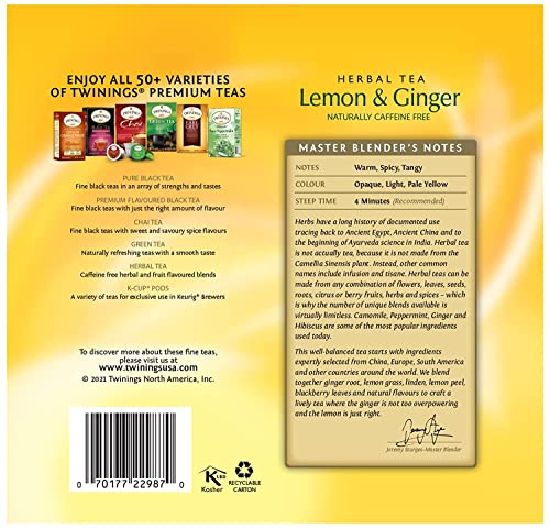 Билков чай Twinings с Лимон и джинджифил, 100 Чаени Пакетчета В опаковка продукти, Пикантен Лимон, Пикантен джинджифил, Без естествен