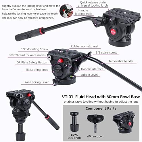 VILTROX VX-18M Професионален Тежкотоварни статив за видеокамера с хидроизолационна глава и быстроразъемной плоча, 74 инча, максимално