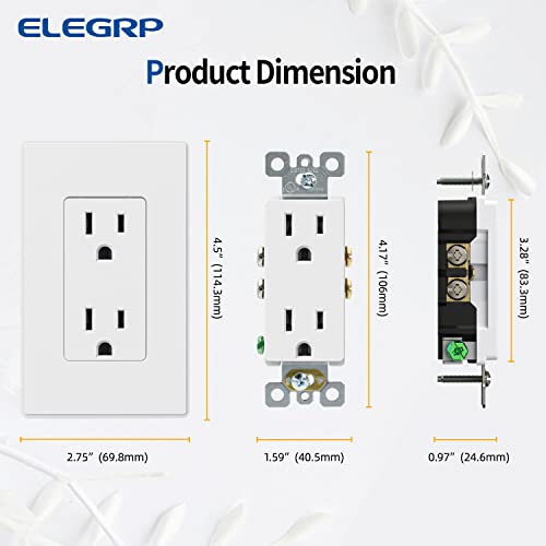 ELEGRP Матово-бяла Стандартна Стенни електрически контакт за декоратори, 15A 125 В, 2 полюса 3 жици, защита от неоторизиран достъп,