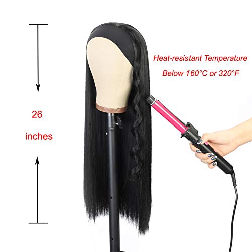 JOXCHAI Дълга права Превръзка на главата Перука за жени от устойчиви на топлина влакна Синтетични Перуки, с копринена превръзка