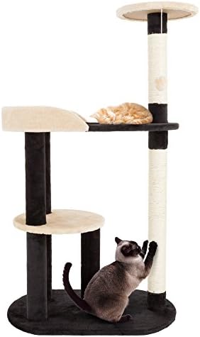 3-Ярусная Котешка кула - 2 Костур за сън, отвор за очите, 2 Когтеточки от сизалевой въжета и Подвесная играчка – Котешки дърво за домашни котки от PETMAKER (черен)