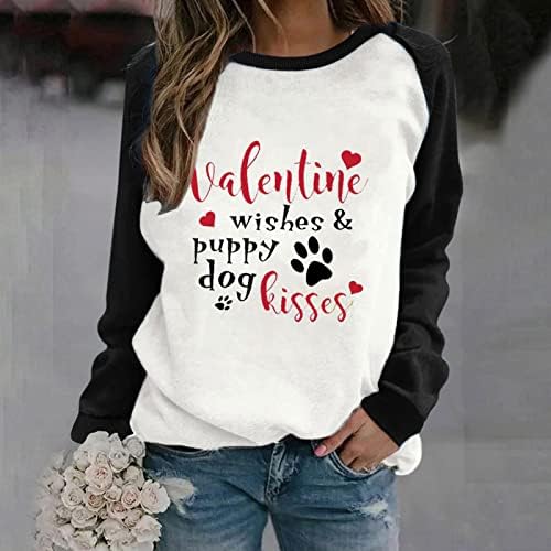 Дамски Ежедневни Hoody с дълъг ръкав Valentine Dog Графичен Пуловер с кръгло деколте, Топ, Риза с Цветни Блокчета, Ризи Свободно