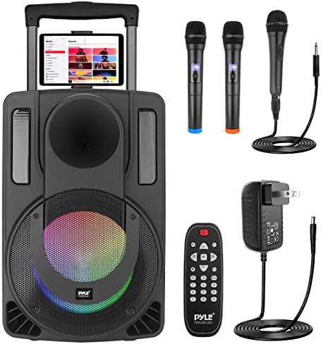 Преносима система високоговорители PyleUsa 8' - Безжична BT-слушане на звука за парти в стил БКП и караоке, два безжични микрофона, жични микрофона, поставка за таблет, ми