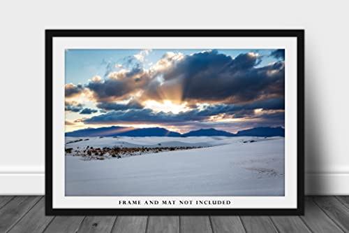 Юго-Западна снимка на Печат (Без рамка) Изображението на слънчева светлина над планините в националния парк Уайт белите пясъци, Ню Мексико, Стенно изкуство в пустин