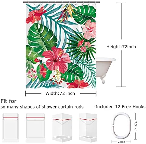 Завеса за душ с цветя модел LIVILAN, Зелена Завеса за душ, Тропически душ Завеси за баня, душ Завеса за душ с Цветя Модел, Комплект Завеси за душ с 12 куки, Интериор баня с ?