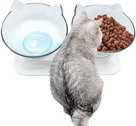 MUYG Двойни Повдигната Купичка за котки, Купа за вода за котки с Оптимистичен стойка, Наклонена на 15 ° Посуда За Хранене на домашни