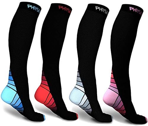 Компресия чорапи Physix Gear Sport за мъже и жени, 4 на двойки, Малки и Средни (Черно / Розово + Черно / Синьо + Черно / Сиво + Черно / Червено), размер S-M