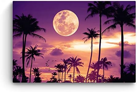 Startonight Платно Стенен Арт Декор Лилаво Вечер в Маями Пейзаж на Луната Картина за Хола 32 x 48