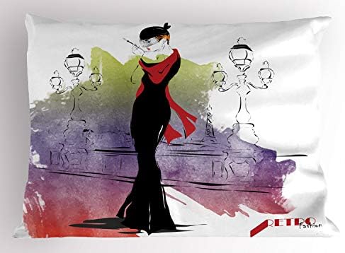 Имитация на винтажной възглавници Ambesonne, Жена с Червен шал на улицата в ретро стил Шейсетте години, Акварел Живопис в стил Ретро,