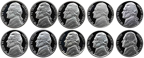 1980 S - 1989 Jefferson Nickel Gem Proof Тираж 10 Монети, Монетен двор на САЩ Десетгодишен Лот Пълен Набор от 1980-те години Proof