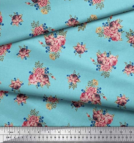 Синя коприна тъкани Soimoi с принтом листа и цветя декор ширина 42 инча
