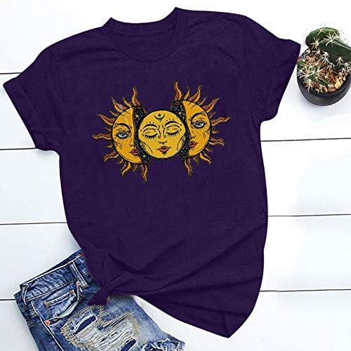 Ежедневна тениска Neartime за жени, топ с къс ръкав и принтом слънцето, забавна лятна реколта тениска с кръгло деколте и шарките