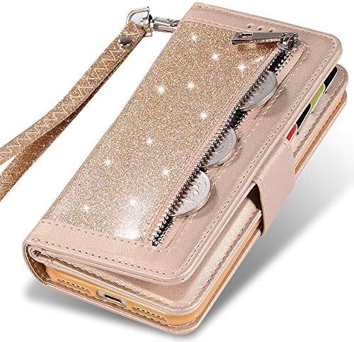 Чанта-портфейл за iPhone XR за жени, Кожен Калъф-чанта с панти капак и магнитна стойка Kudex Bling Glitter, Калъф-чанта с държач за 9 карти, джоб за пари с цип и Лента, Калъф за iPhone XR