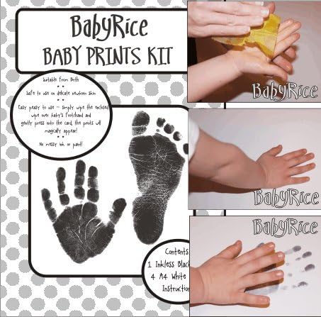 Комплект за ръце и крака BabyRice, рамка от тъмно дърво / бяло определяне на 3 дупки / Черни отпечатъци без мастило