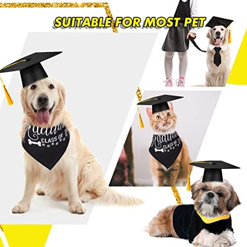 Комплект От 5 теми, Выпускная Шапчица за домашни любимци и Халат, Абитуриентски Шапки за Кучета с Жълт Пискюл, носи Вратовръзка,